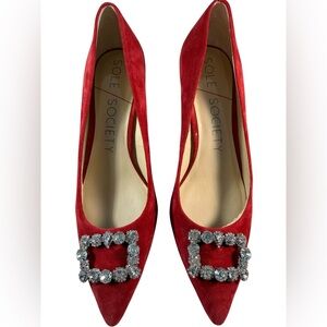 Sole Society Red Suede Brooch Jeweled Rhinestone Pointed Toe Heels  size 8.5